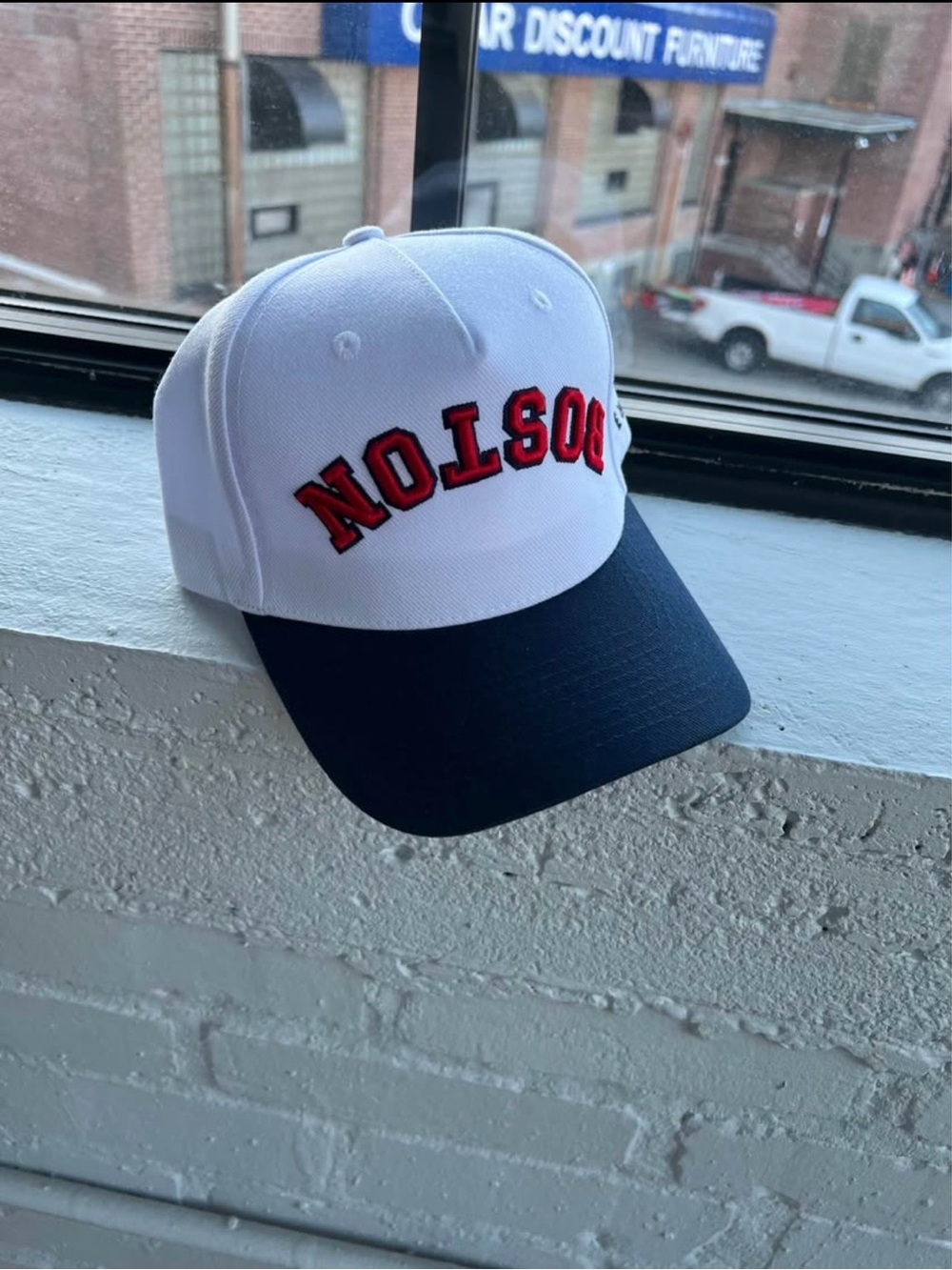 White and Navy Baseball Cap with Red Embroidered BOSTON Brand Reversed